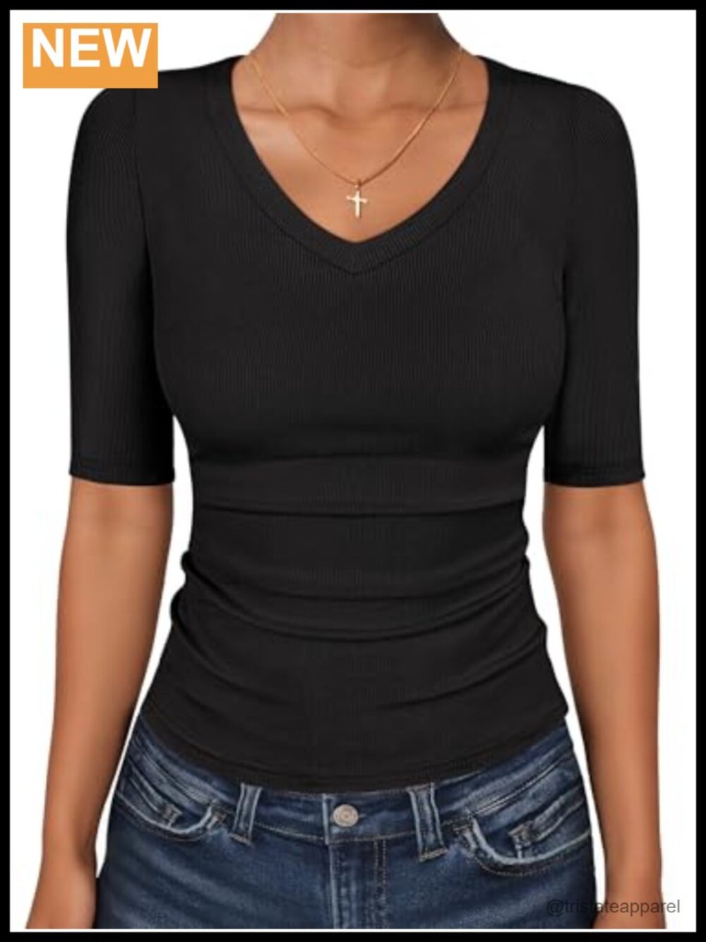 Womens Ribbed Knit V Neck Half Sleeve Tee Slim Fit Casual T-Shirt